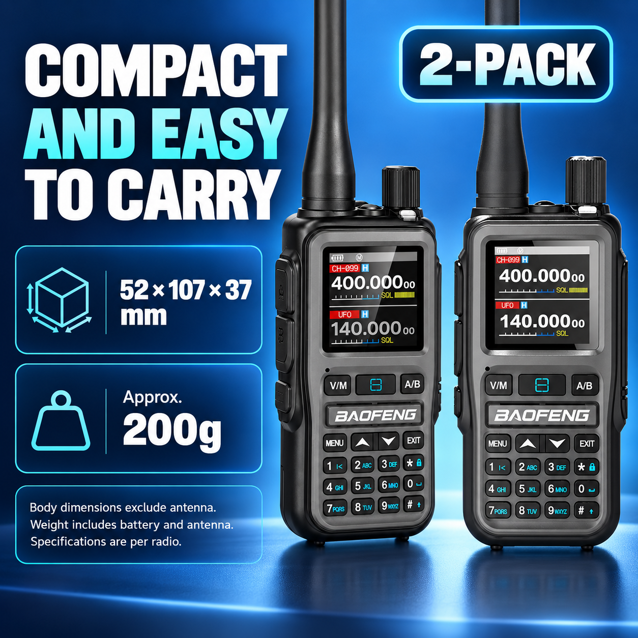 BAOFENG BF-5RMINI gray two-radio set body dimensions and approximate weight per radio