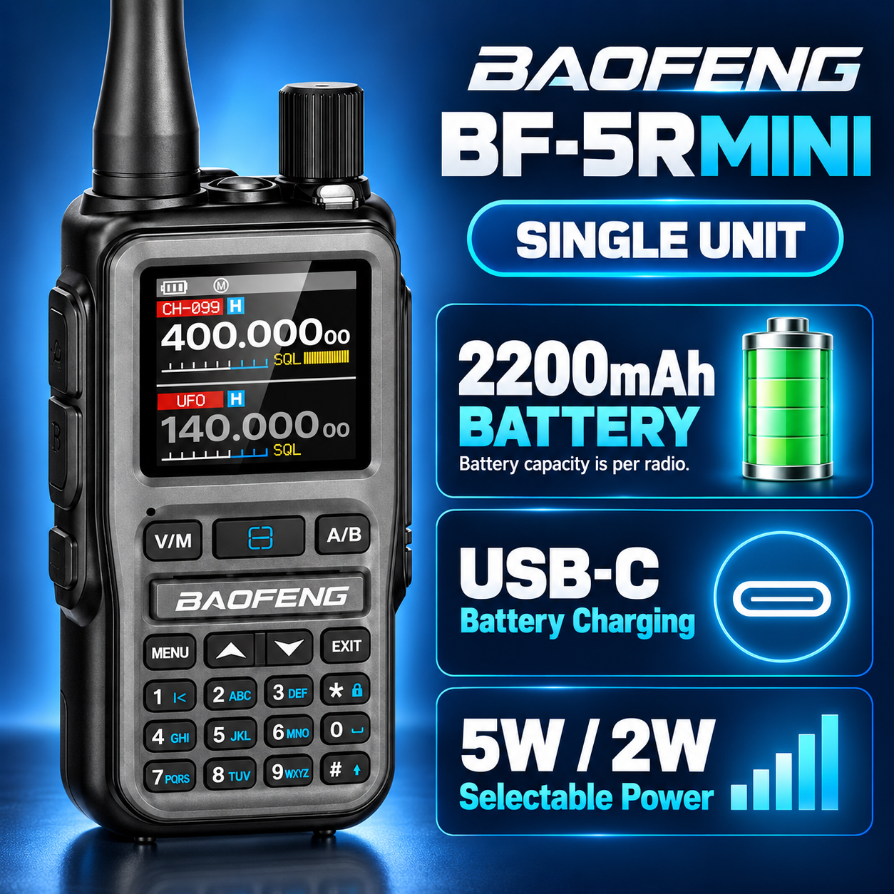 BAOFENG BF-5RMINI gray single radio 2200mAh battery per radio USB-C charging and selectable power
