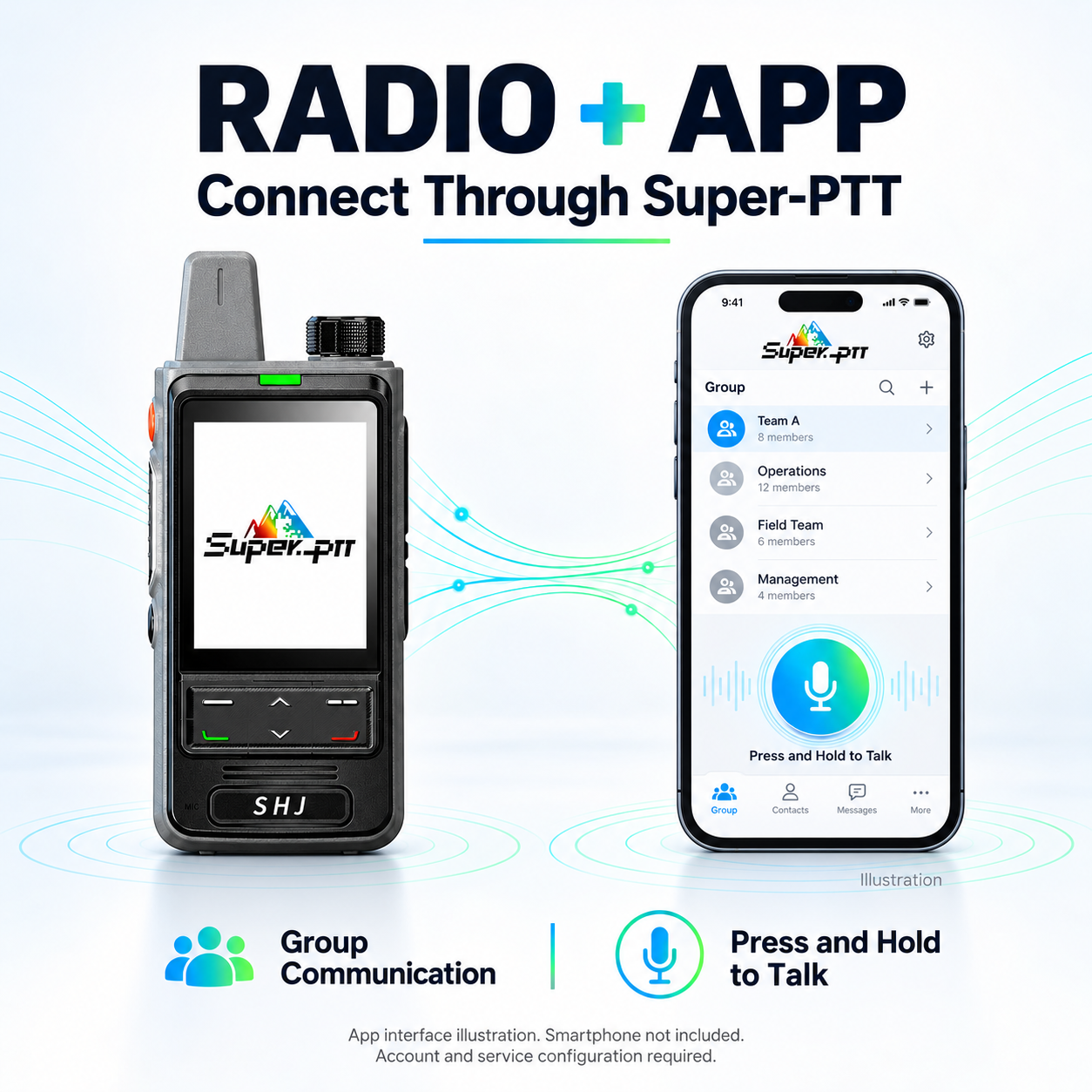 SHJ radio and Super-PTT app interface illustration