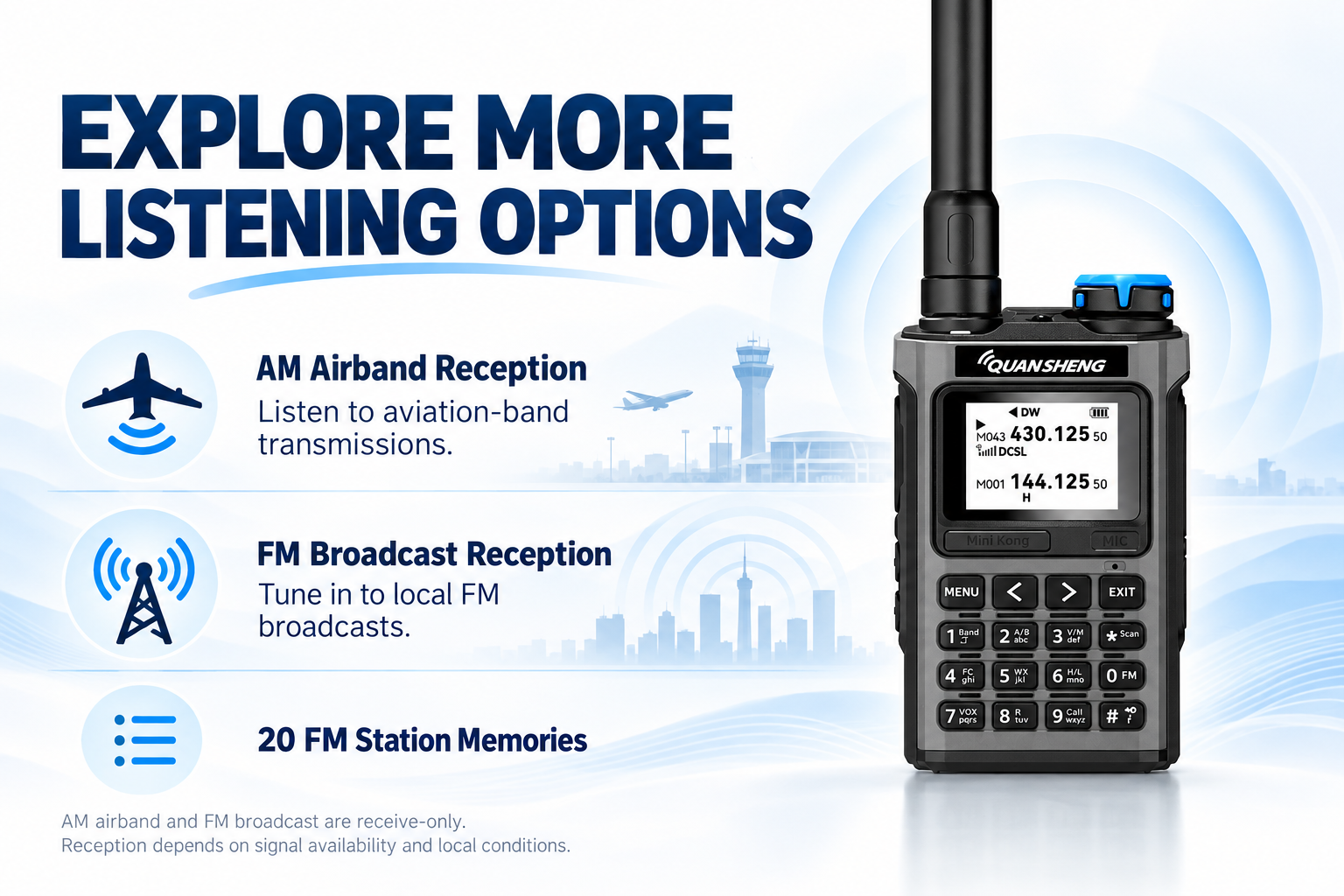 QUANSHENG UV-K1 receive-only AM airband and FM features