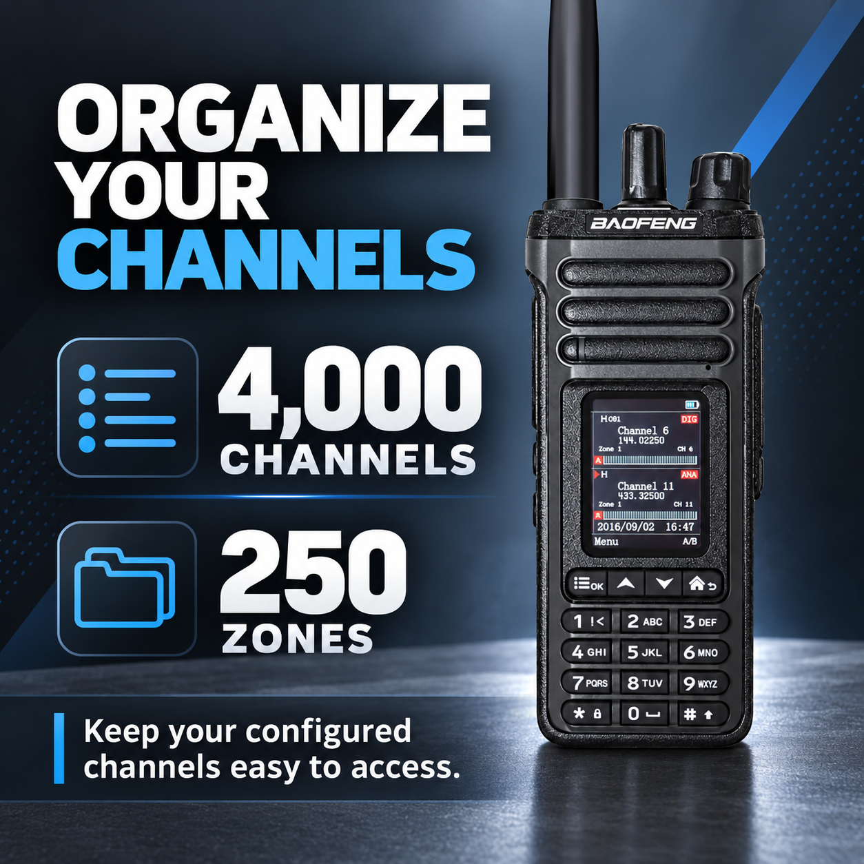 BAOFENG DM-36 channel management with 4000 channels and 250 zones