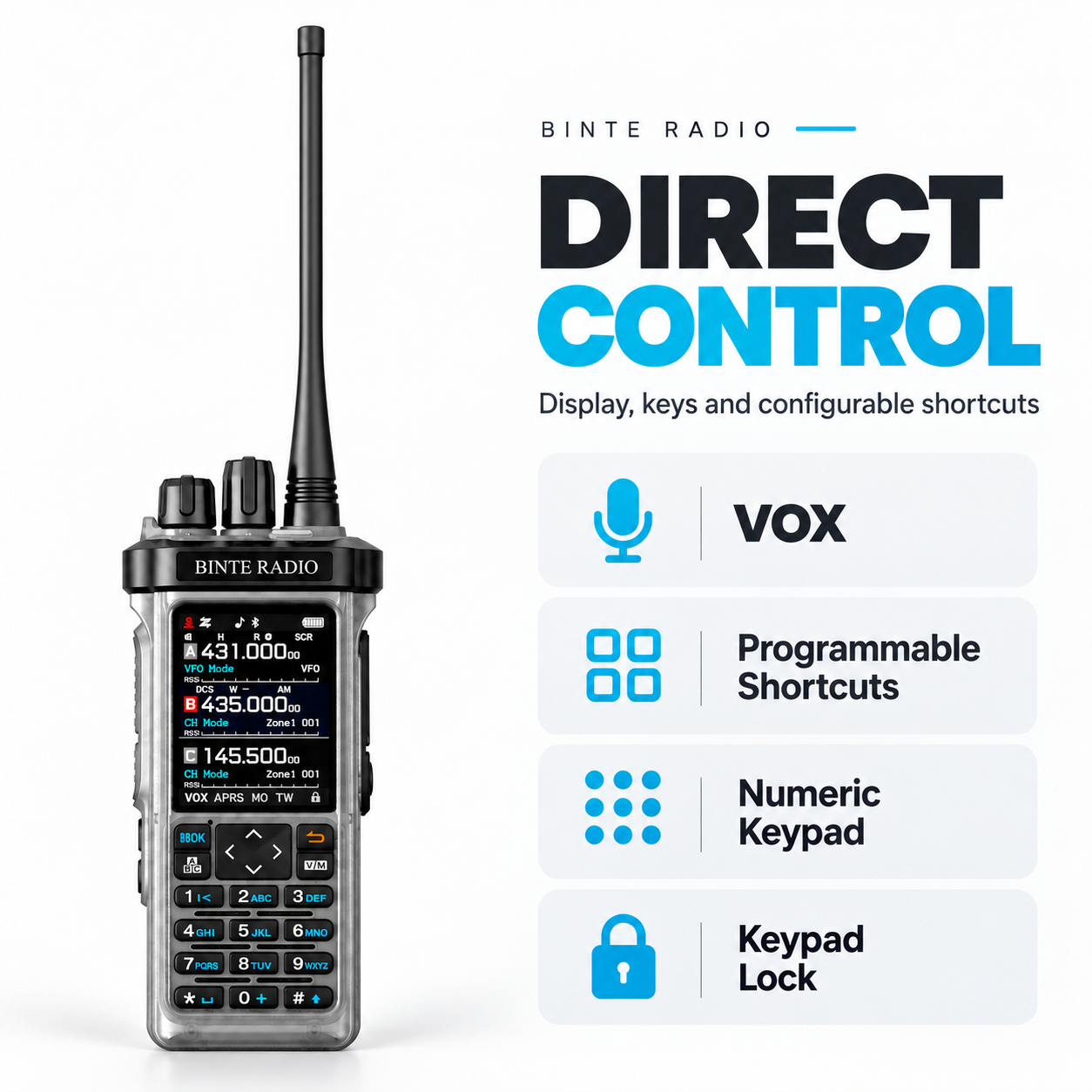 BINTE RADIO BT-9000 Transparent Edition VOX, programmable shortcuts and keypad controls