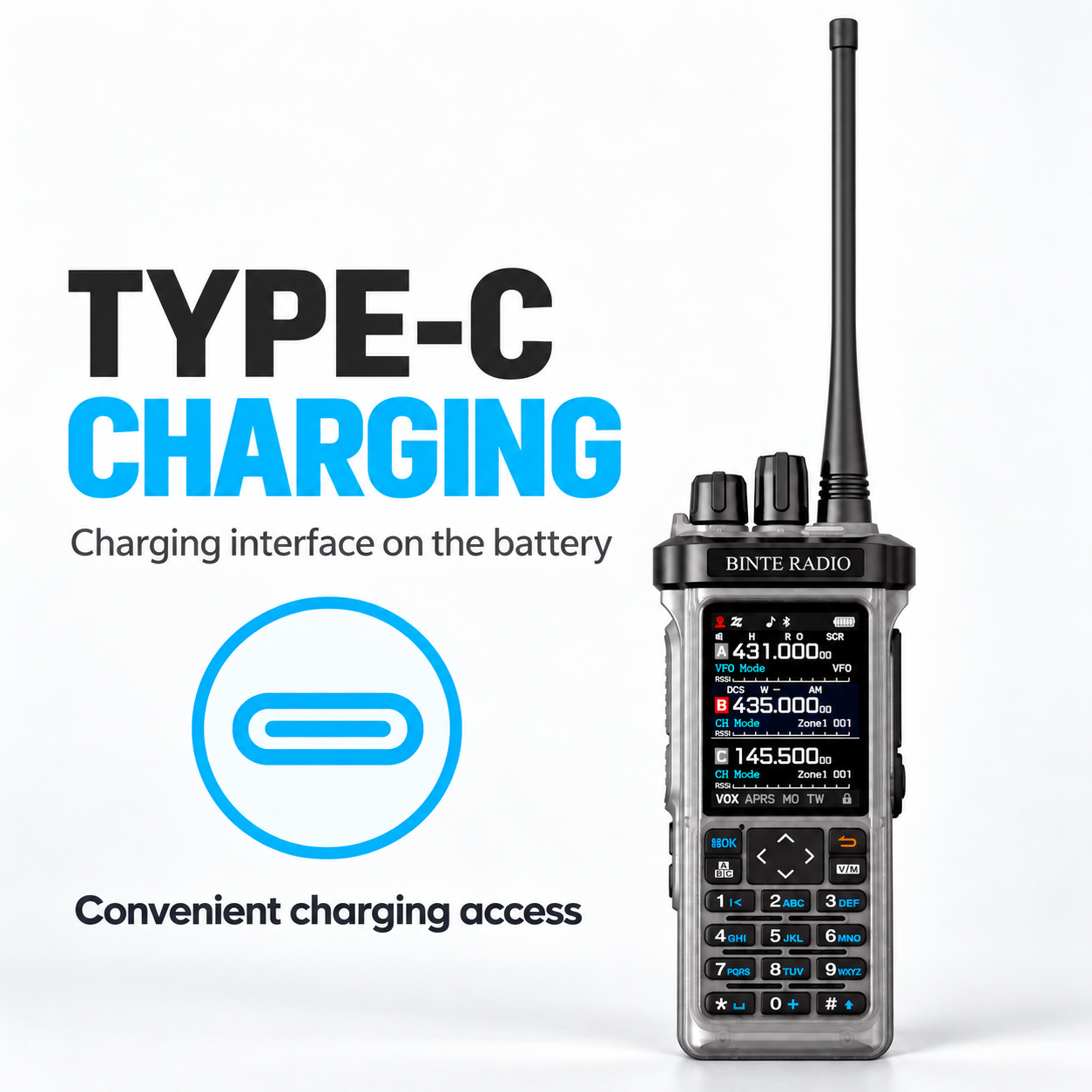 BINTE RADIO BT-9000 Transparent Edition with Type-C charging interface on the battery