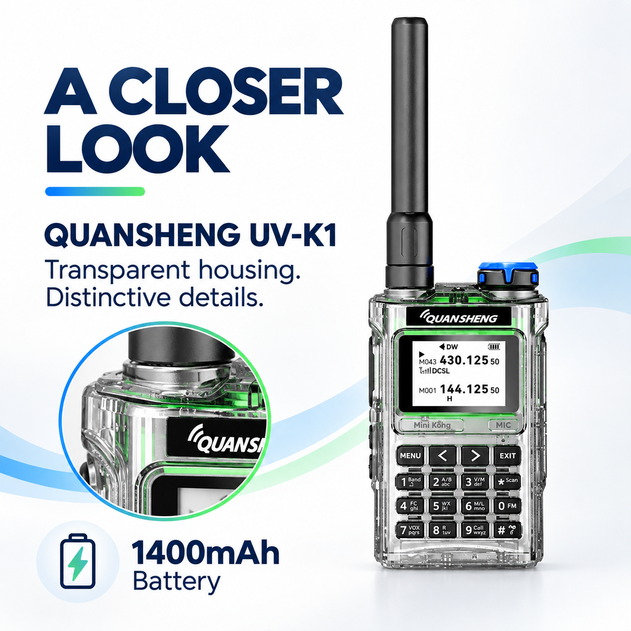 Front view of the QUANSHENG UV-K1 transparent radio