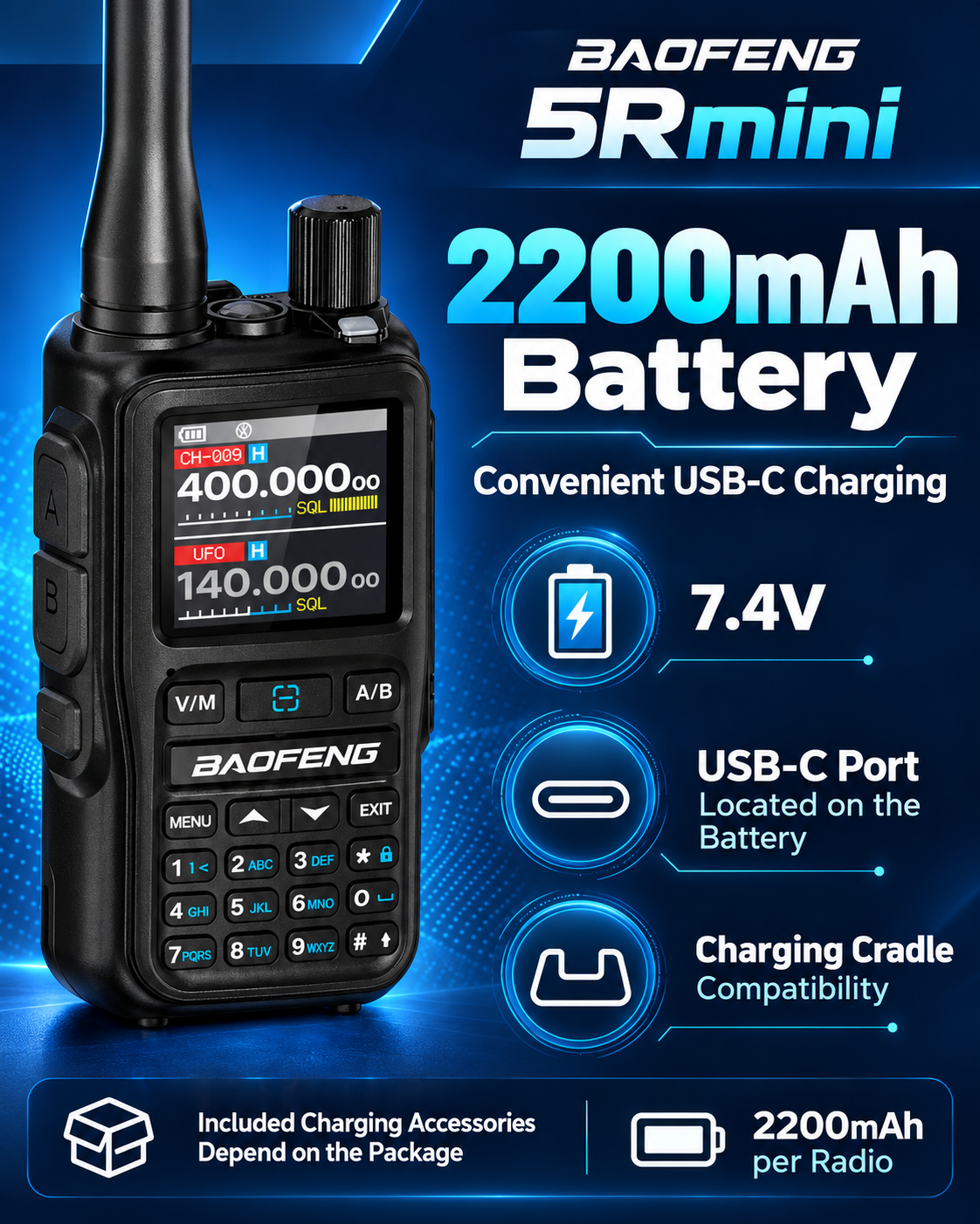 BAOFENG BF-5RMINI 2200mAh battery with USB-C charging