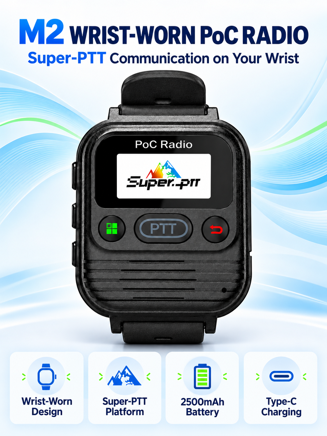 M2 wrist-worn PoC radio overview with platform, battery, and charging features.