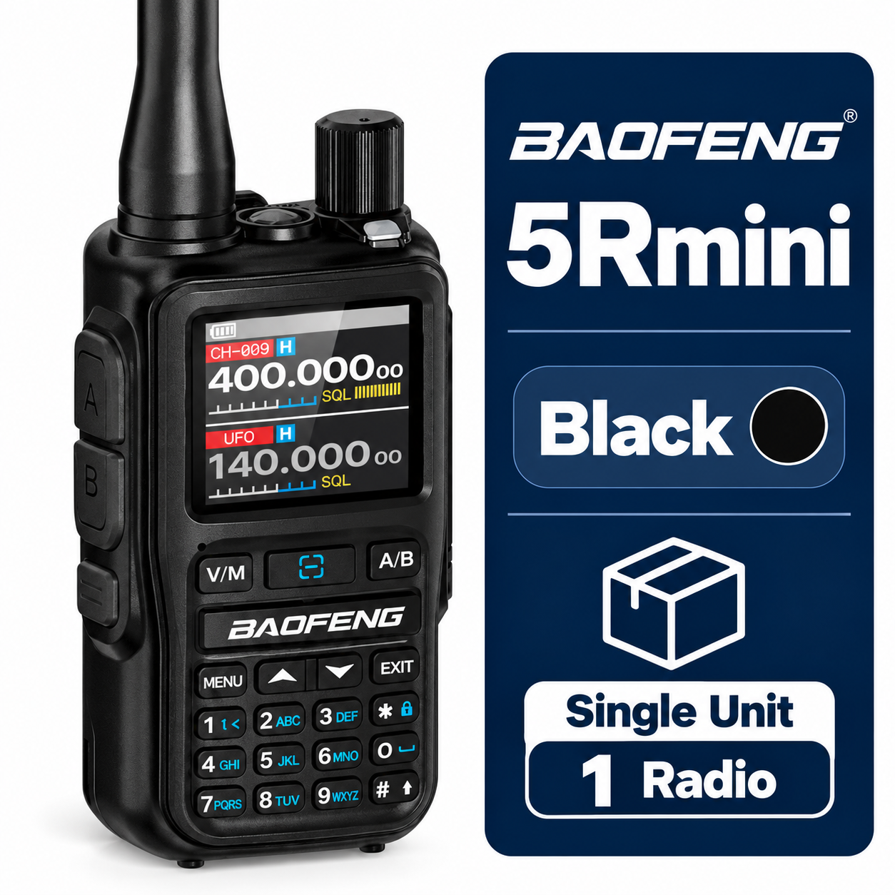 BAOFENG BF-5RMINI black single radio compact dimensions and package configuration