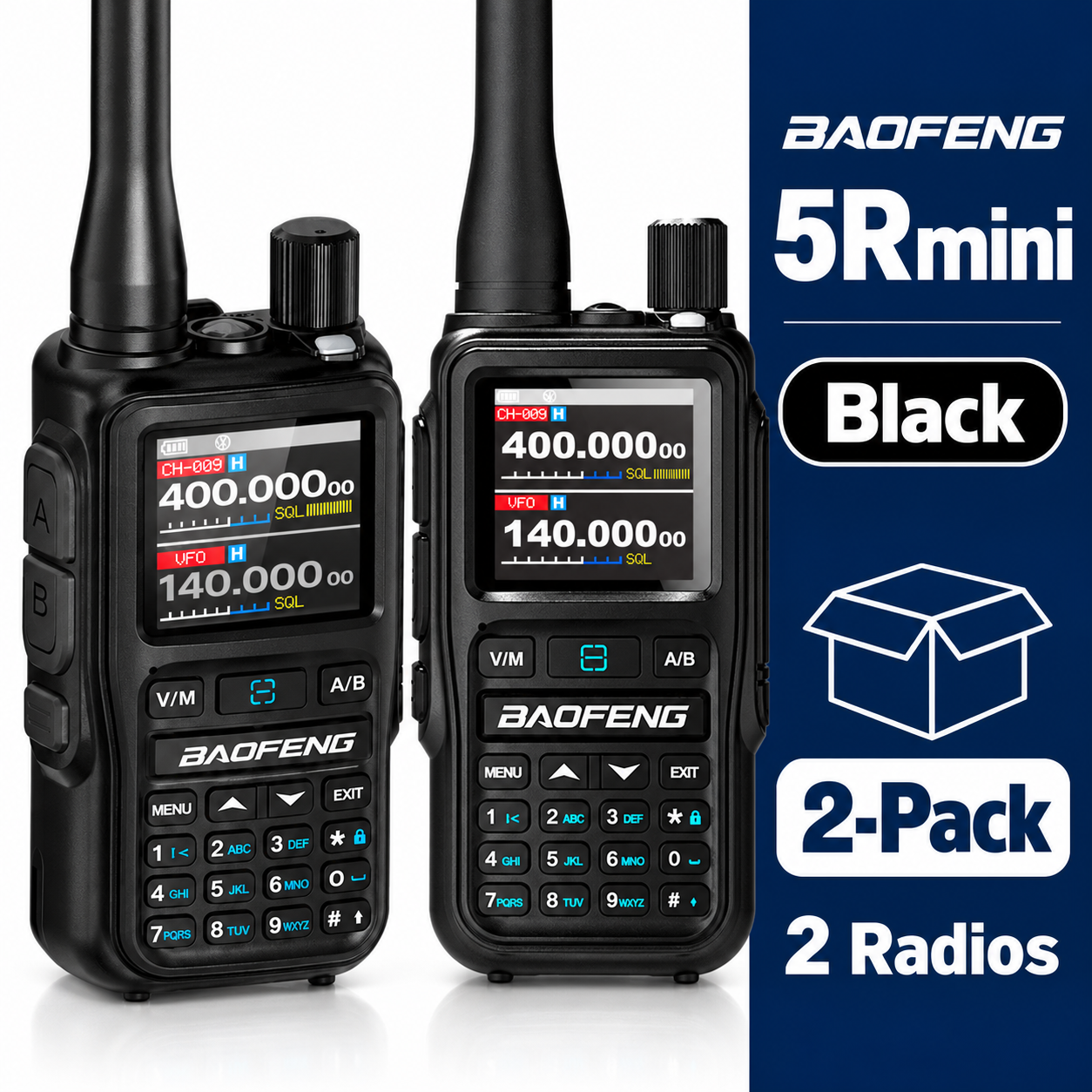 BAOFENG BF-5RMINI black two-radio set compact dimensions and package configuration