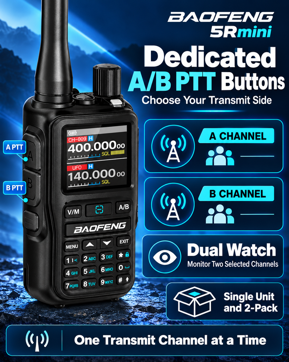 BAOFENG BF-5RMINI dedicated A and B PTT buttons with dual watch