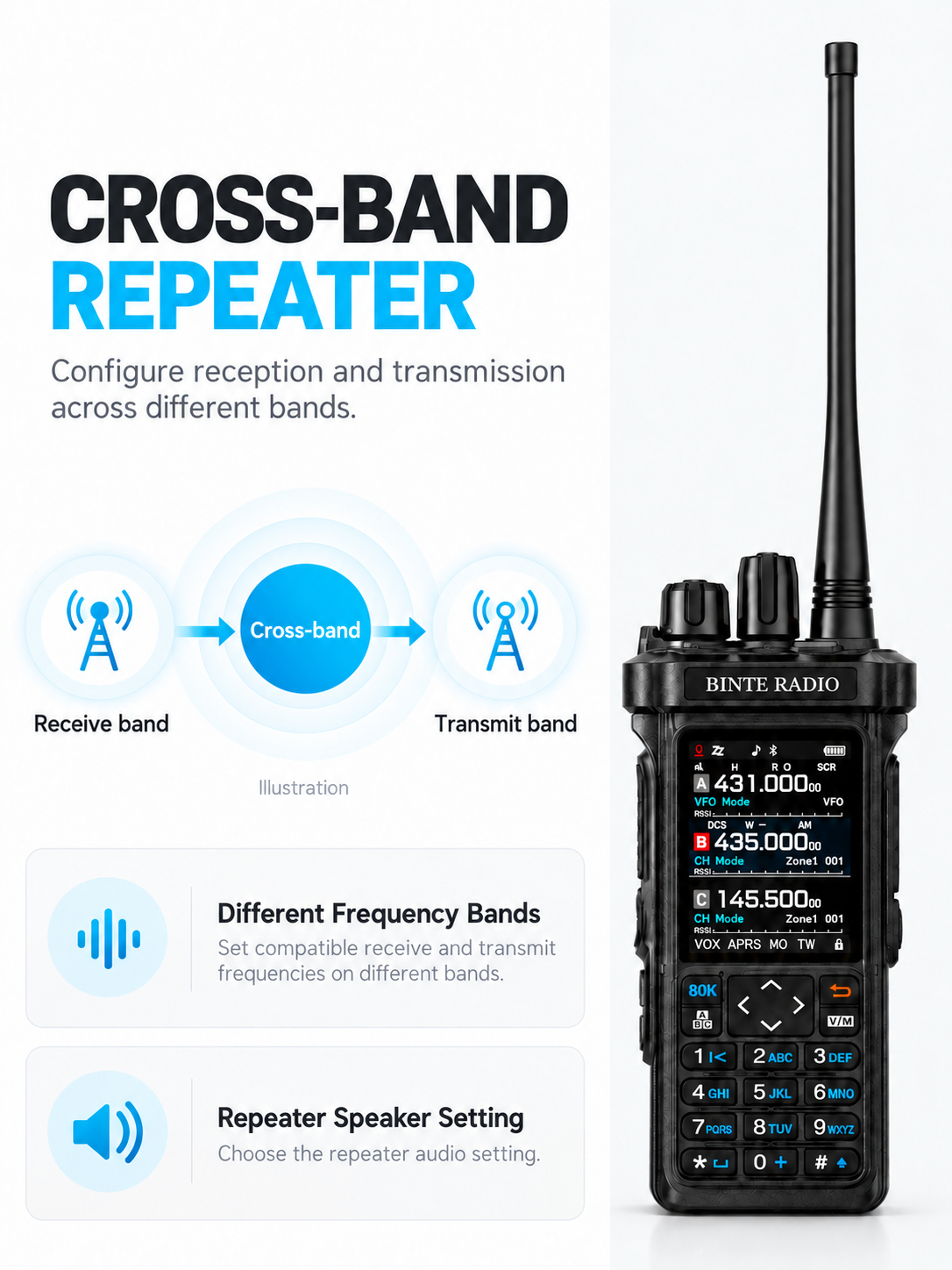 BINTE RADIO BT-9000 cross-band repeater and speaker settings